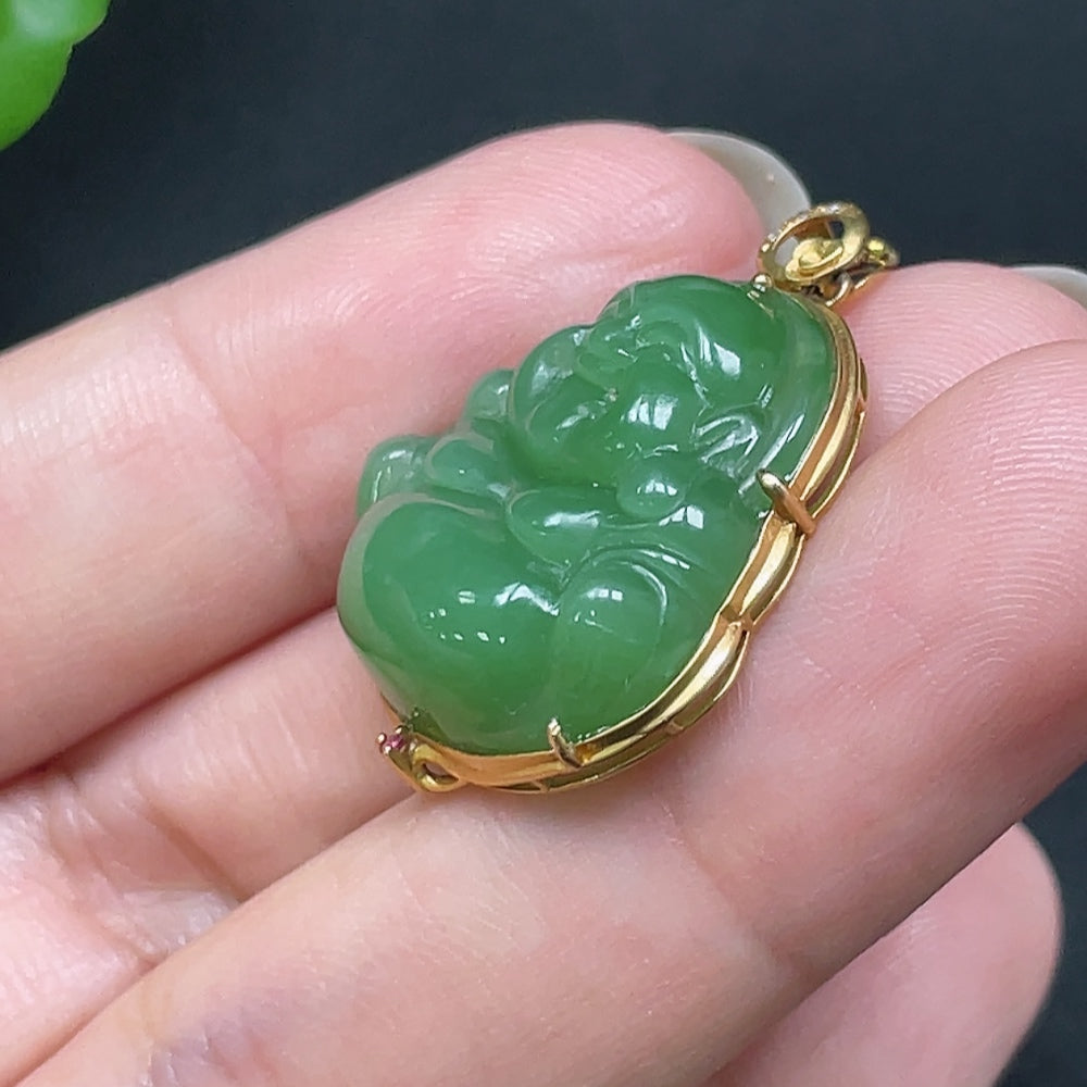 Hetian Jade Buddha Pendant in 18K Gold with Non-Gold Chain