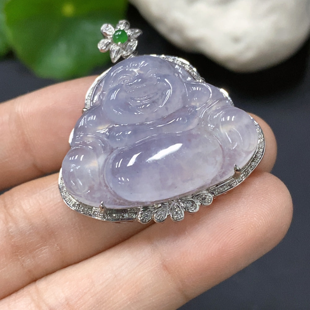 Jadeite Buddha Pendant with 18K Gold Setting, Approx. 7.3g