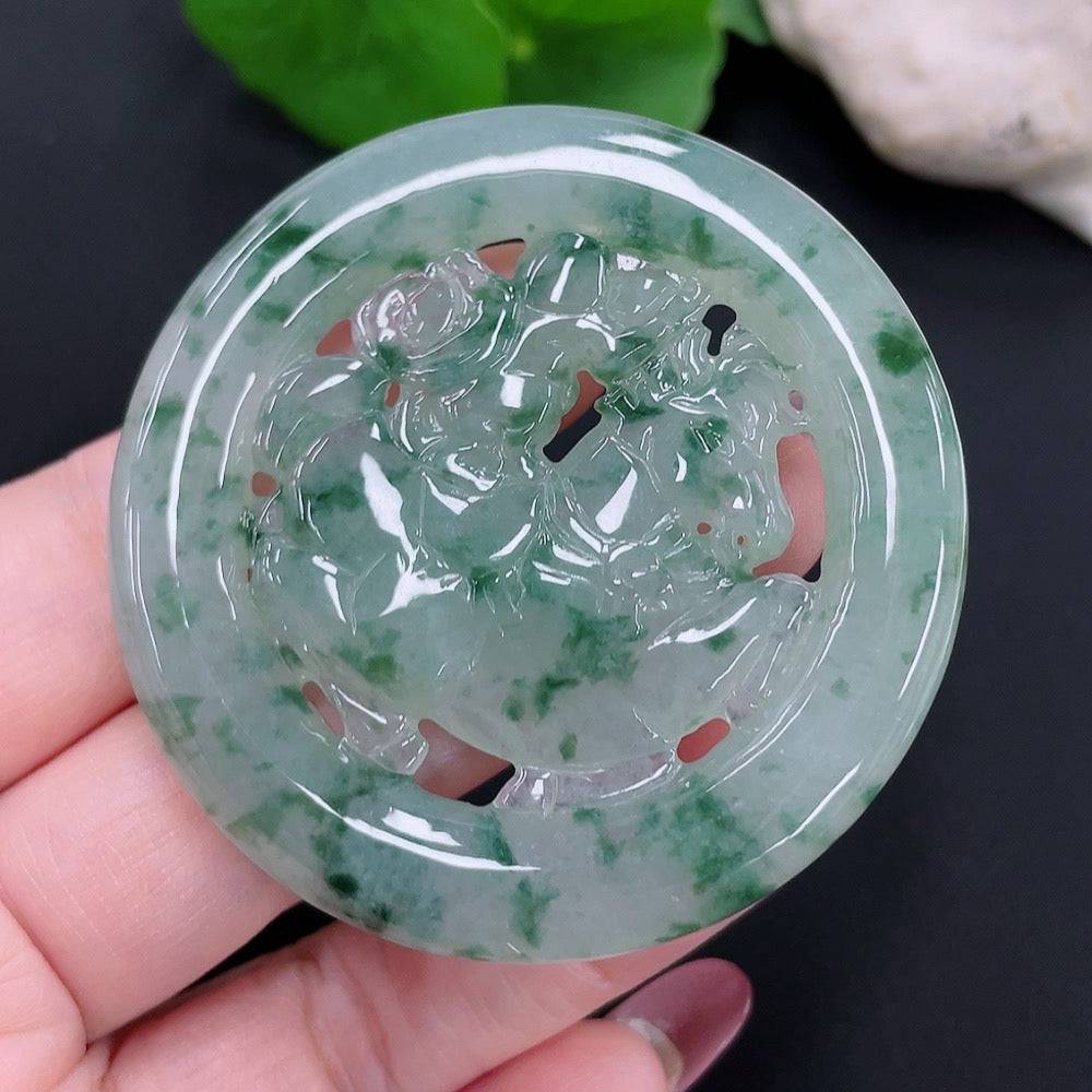 Jadeite Auspicious Beast pendant from HUILIU HQ, detailed carved jade featuring an auspicious beast design, weighs approx. 37.1g.