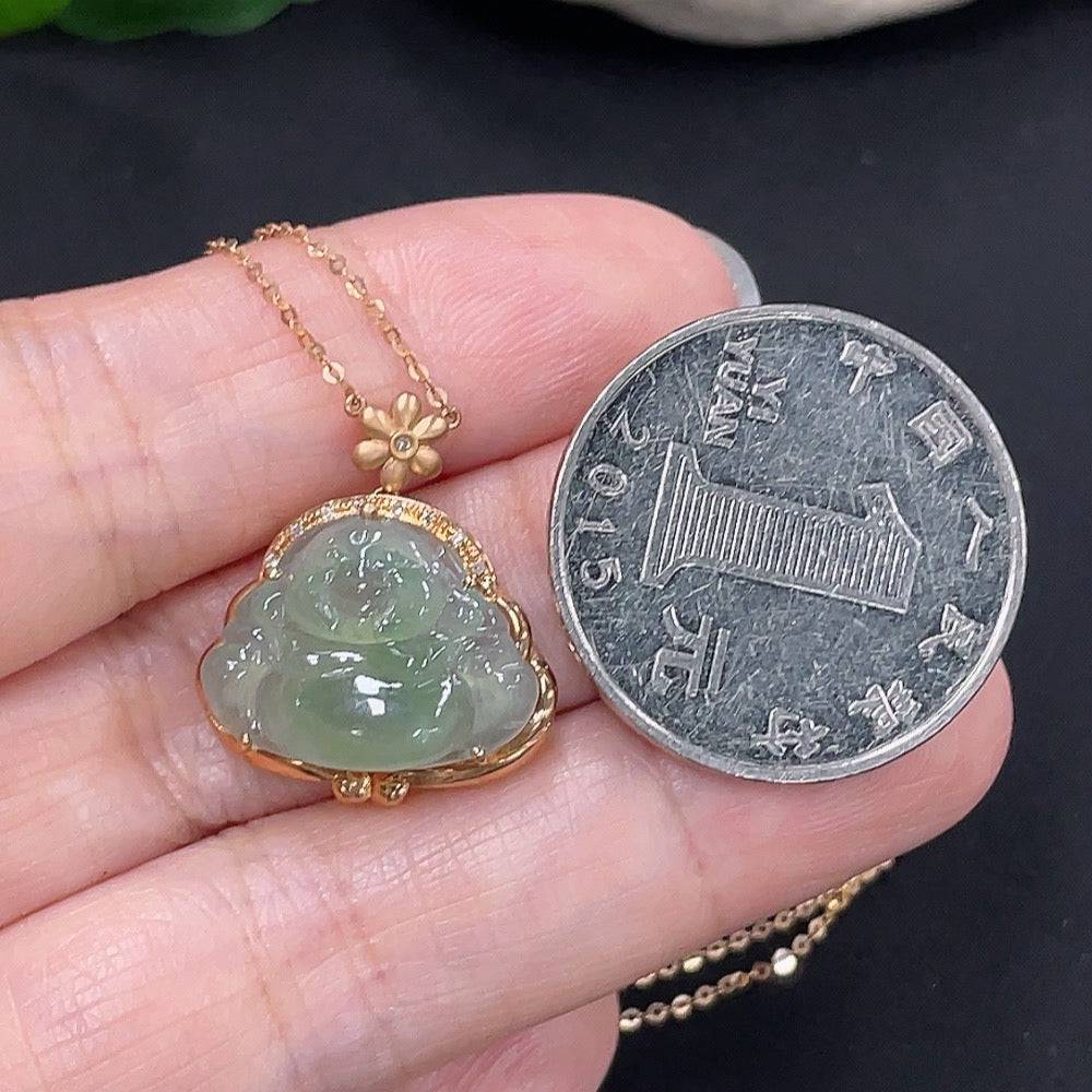 Jadeite Buddha pendant with 18K gold chain, diamond accent, featuring a carved jade Buddha, weight approx. 3g, by HUILIU HQ