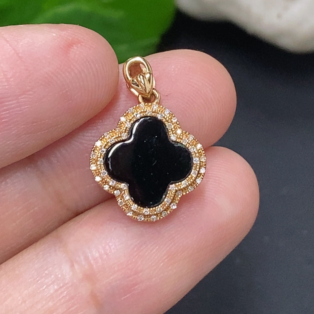 Jadeite Inlay Pendant 18K Gold Total Weight Approx. 1.4g (with Diamond Accents)