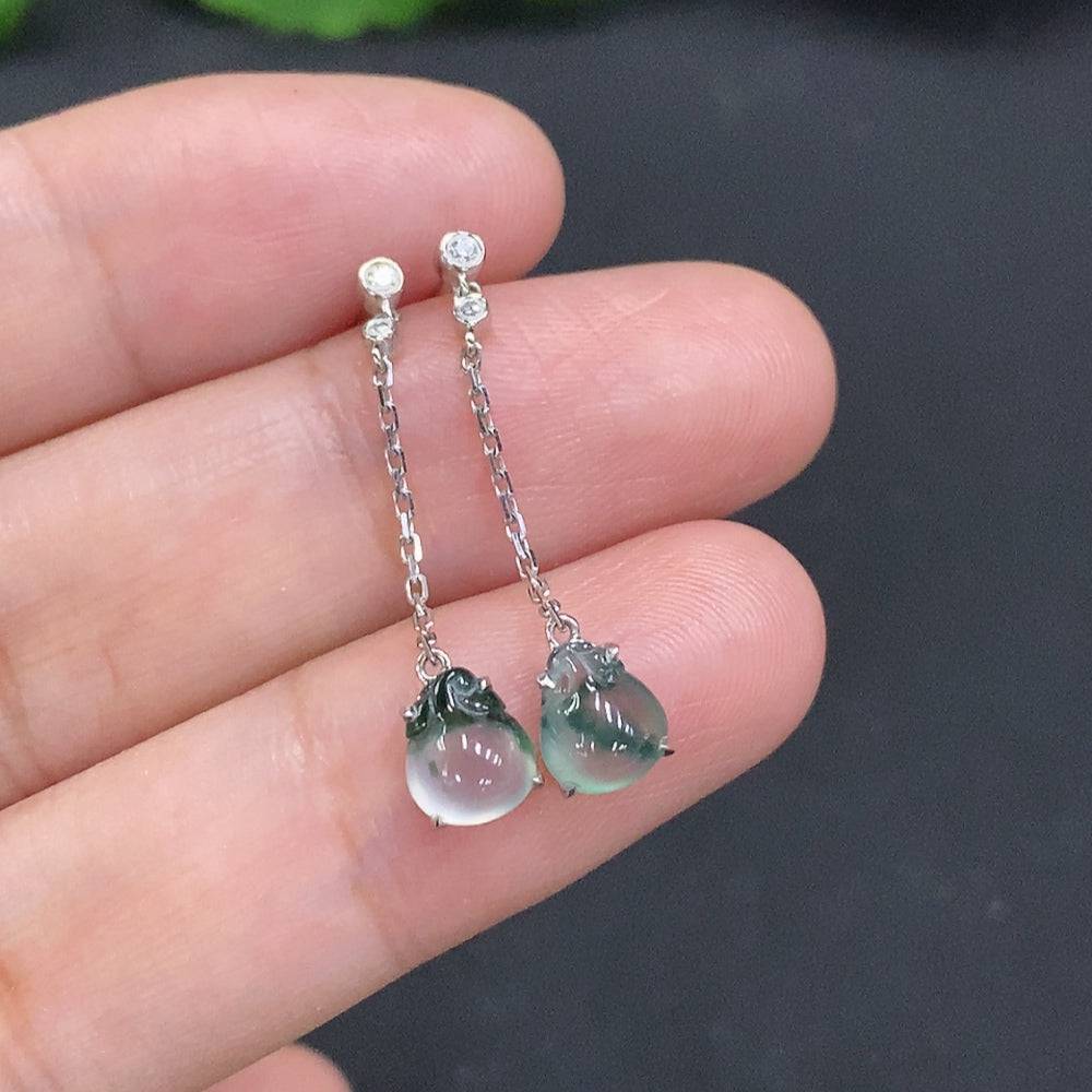 Jadeite ear studs with 18K gold and diamond accents, lightweight jewelry with green jade stones and gold settings.
