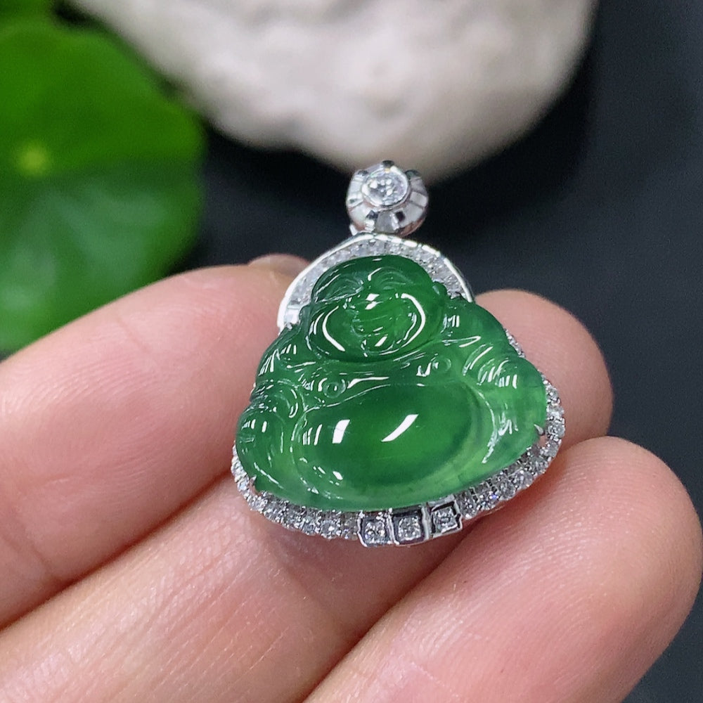 Huiliu Jadeite Buddha pendant set with diamond accents, featuring a carved jade Buddha charm on a matching chain.