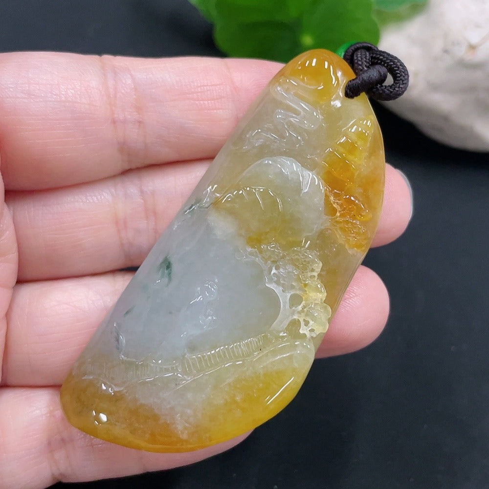 Jadeite landscape plaque pendant, total weight approx. 34.4g (including cord weight) (color origin undetermined)