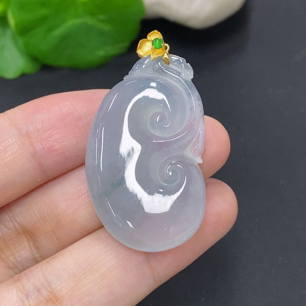 Jadeite Ruyi pendant with 18K gold clasp, HKHQ necklace featuring smooth, polished jadeite stone and elegant gold accent.