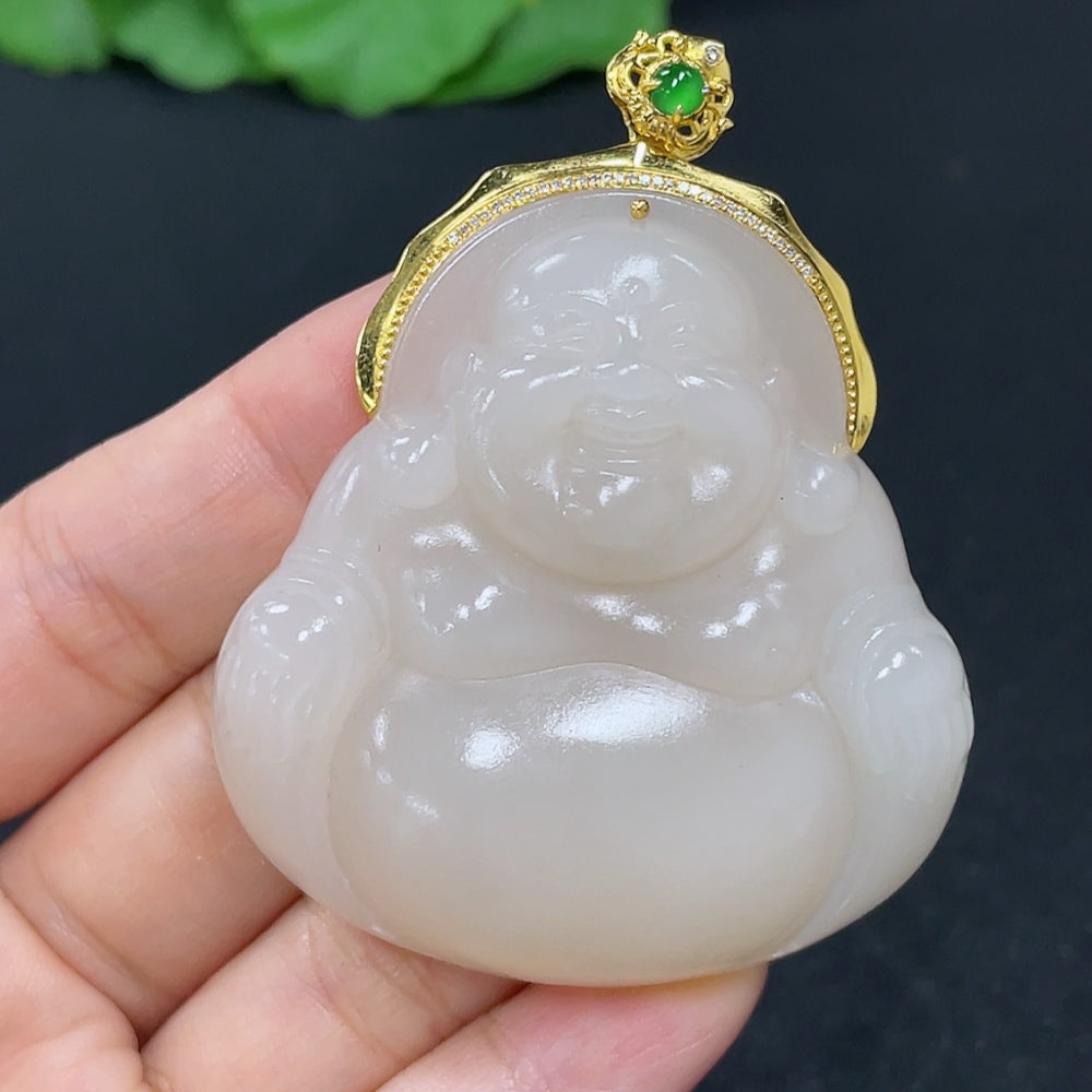 Hetian Jade Pendant, Buddha, 18K Gold Clasp, Total Weight Approx. 39.8g, Non-Hetian Jade Beads, Diamond Accents