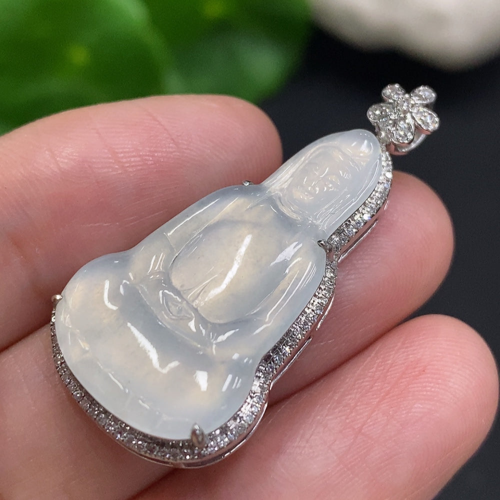 Huiliu Jadeite Guanyin pendant with diamond accents, intricate carved jade figure, hanging on a silk cord, certified by Huiliu.