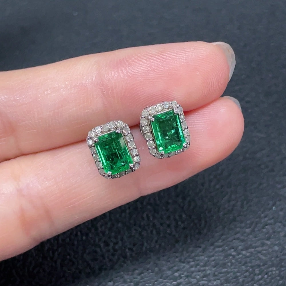 Emerald earrings, clarity enhanced, non-gold, diamond-accented