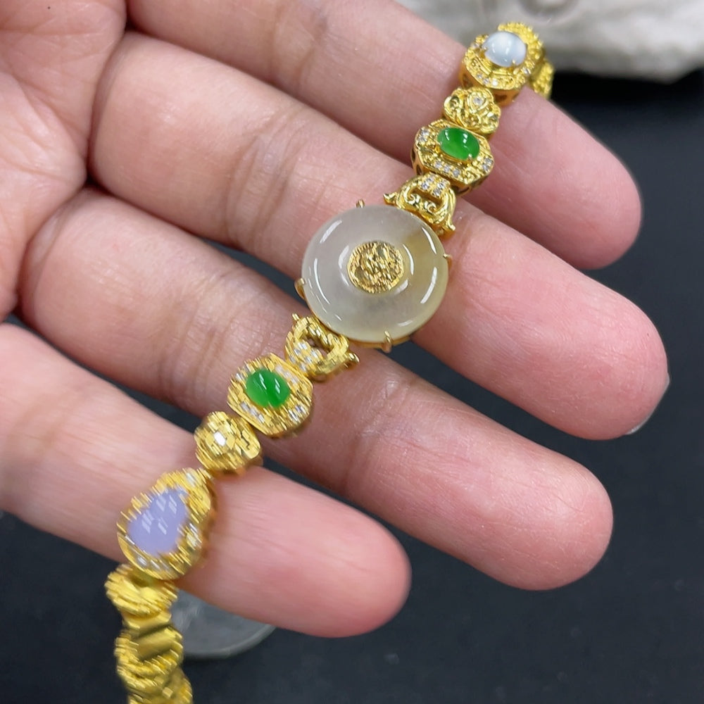 Jadeite Inlaid Bracelet Marked Red + Main Body + 18k Gold Link Clasps, Remaining Au Content Approximately 99%, Accented with Diamonds, Hollow Gold Fragile, Total Product Weight Approximately 8.57g