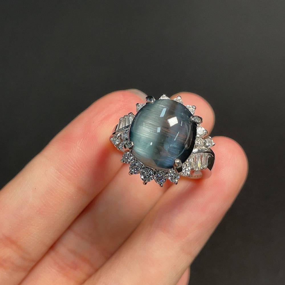 Huiliu Gemstones Tourmaline inlaid ring with organic material and diamond accents, platinum 90% band, certified by Huiliu HQ.