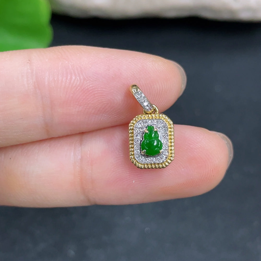 Jadeite gourd pendant with 18k gold and diamond accents, showcasing intricate inlay work and a polished, elegant finish.