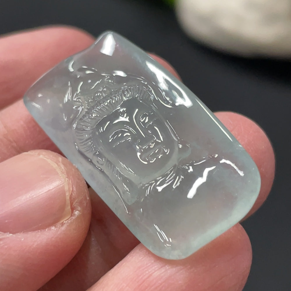 Jadeite Guanyin pendant with intricate carving, crafted from green jade, weighing approximately 6.2 grams, by HUILIU HQ.