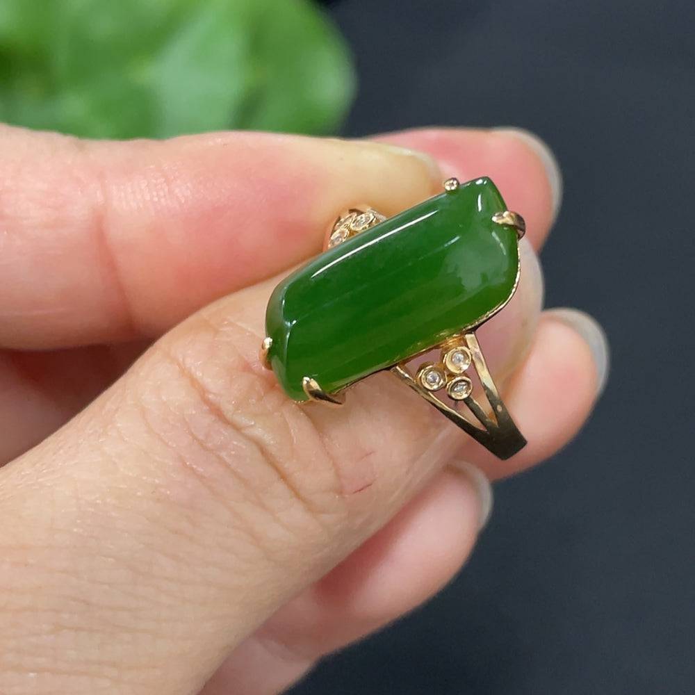 Huiliu certified Hetian jade jasper ring with diamond accents, featuring intricate inlay design and smooth band.