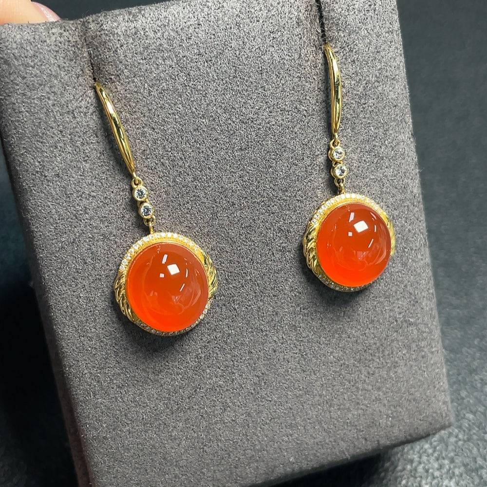 South Red Agate earrings with diamond accents by HUILIU HQ, showcasing the gemstone details and elegant design.