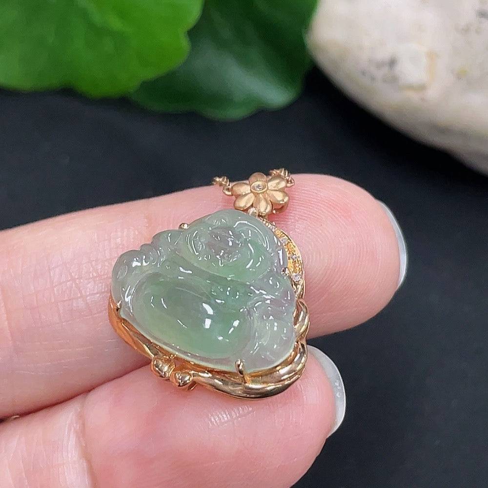 Jadeite Buddha pendant with 18K gold chain, featuring diamond accents and a single non-diamond stone, weight approx. 3g.