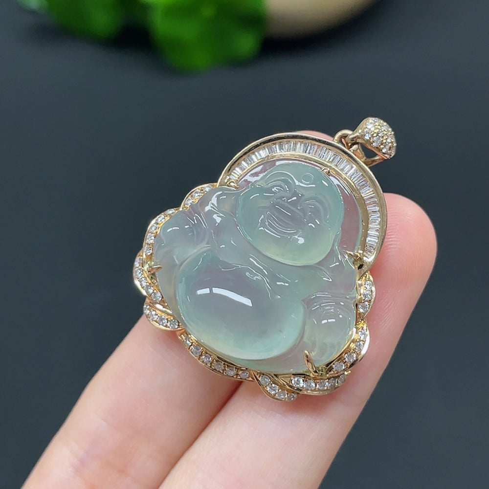Jadeite Buddha Pendant with 18k Gold and Diamond Accents, Total Weight Approximately 11.47g