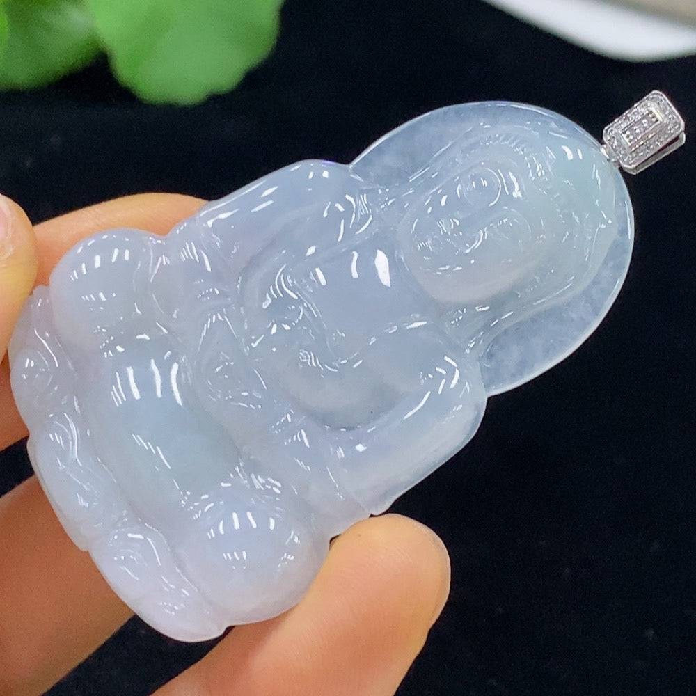 Huiliu Jadeite Guanyin pendant with diamond accents, carved jade figure, approximately 17.22 grams, certified Huiliu jewelry.