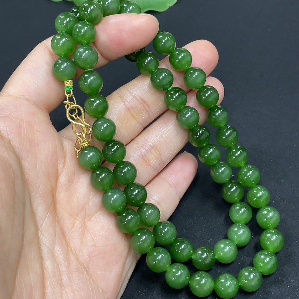 Hetian Jade Beaded Necklace, approx. 7.8mm, 18K Gold, total weight approx. 45.7g