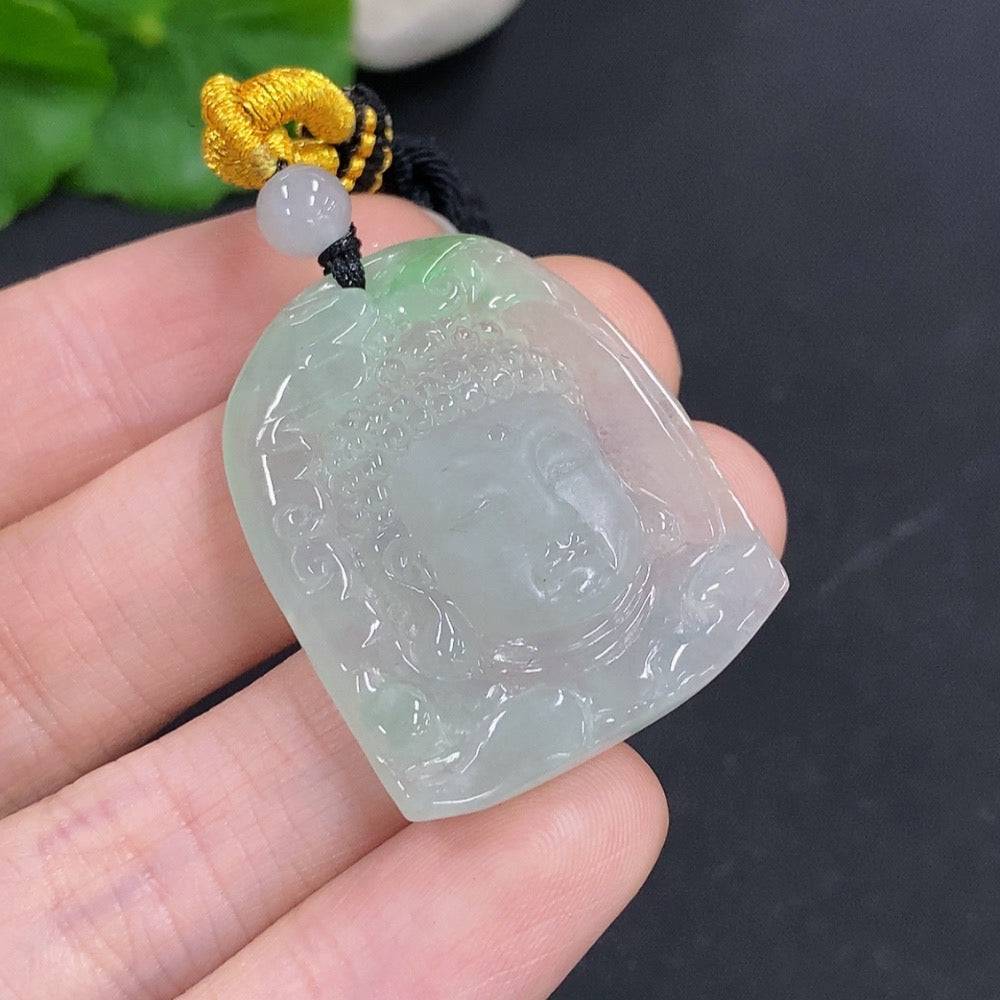 Jadeite Buddha amulet pendant with rope, weighing approx. 14.1g, featuring detailed Buddha carving from HUILIU HQ.