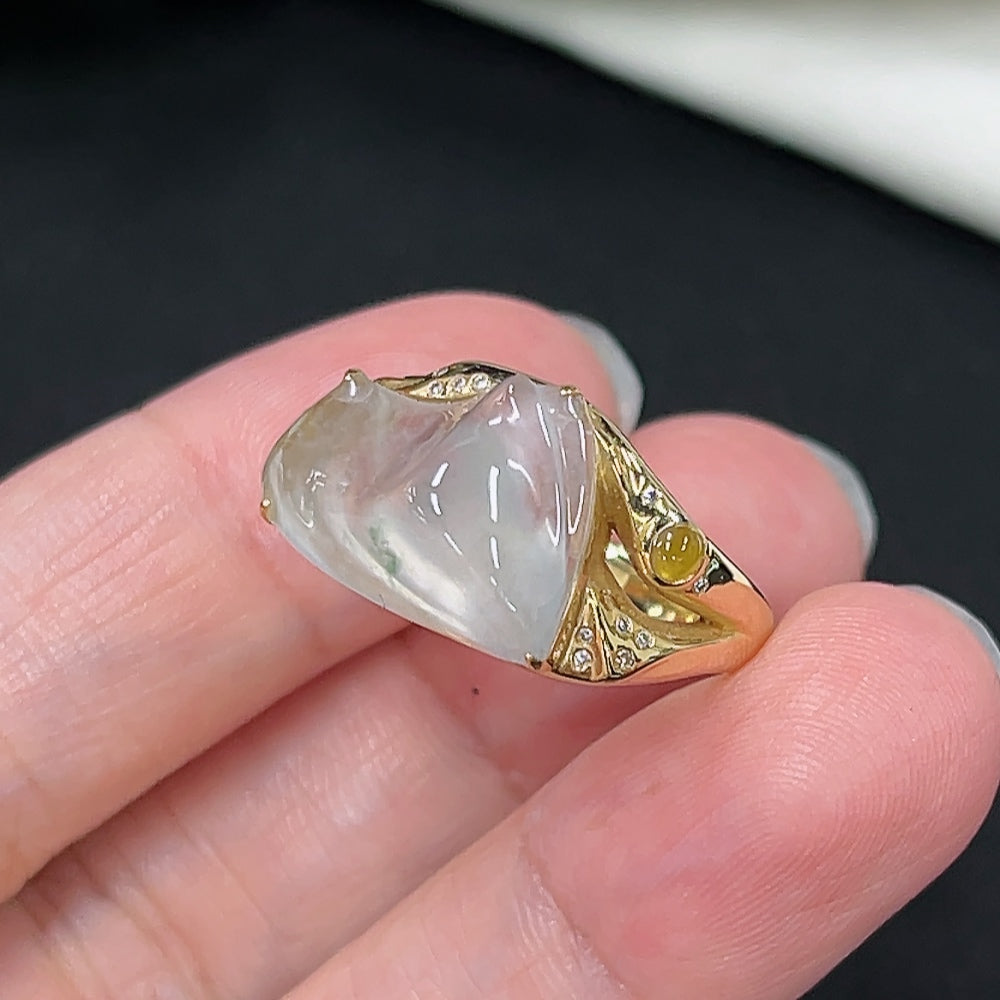 Jadeite inlaid ring with diamond accents, size 16, 18K gold, from HKHQ, showcasing intricate gemstone and gold detailing.