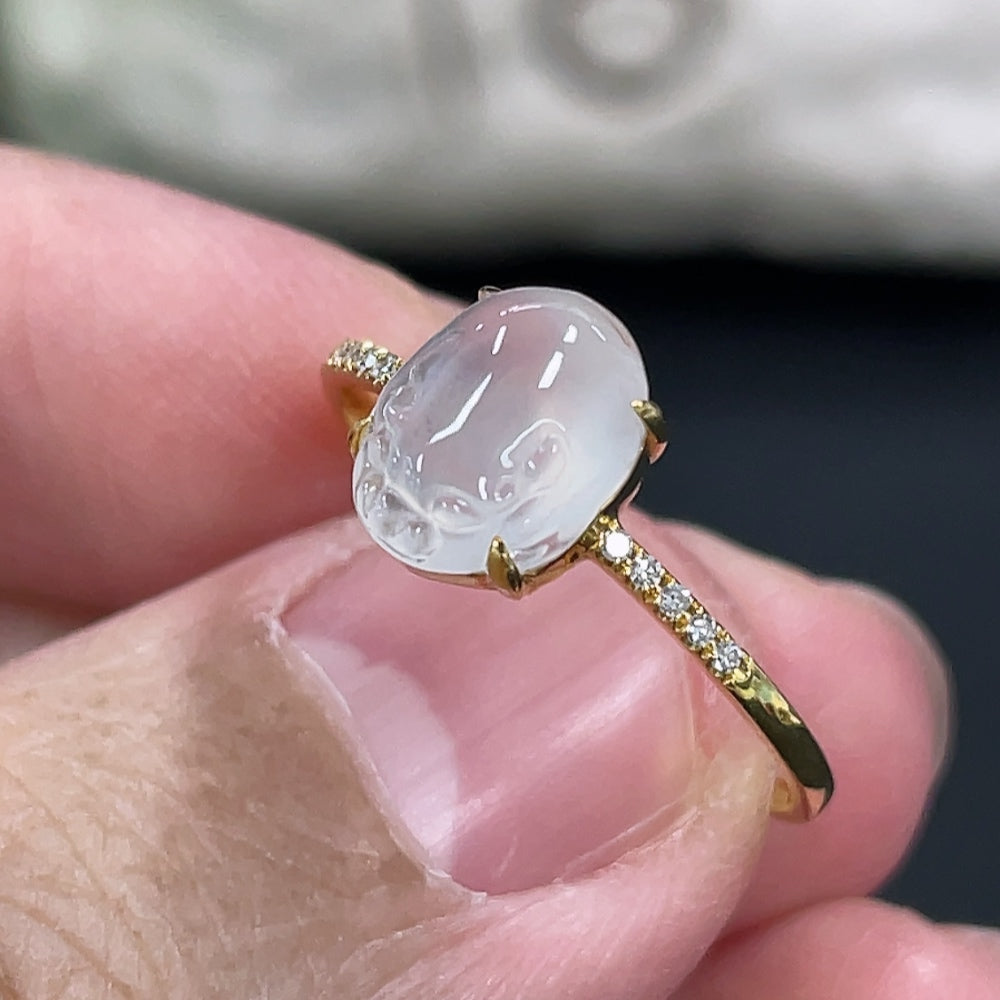 Jadeite Three-Legged Golden Toad Inlaid Ring 18k Gold Setting Size 14 Total Weight Approx. 1.25g with Diamond Accents