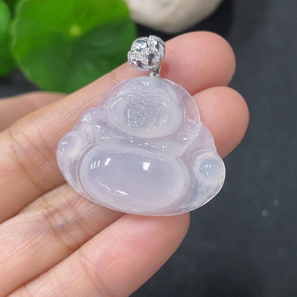 Jadeite Buddha pendant with 18K gold clasp, diamond accents, crafted from green jade, weighs approx. 6g, by HUILIU HQ.