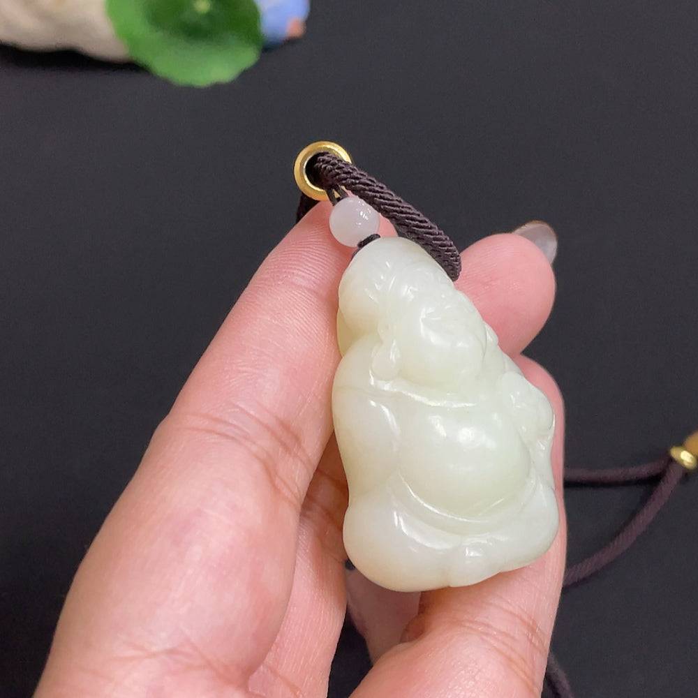 Hetian Jade Pendant featuring the God of Wealth, crafted from high-quality jade, weighs approximately 34.8g with rope included.