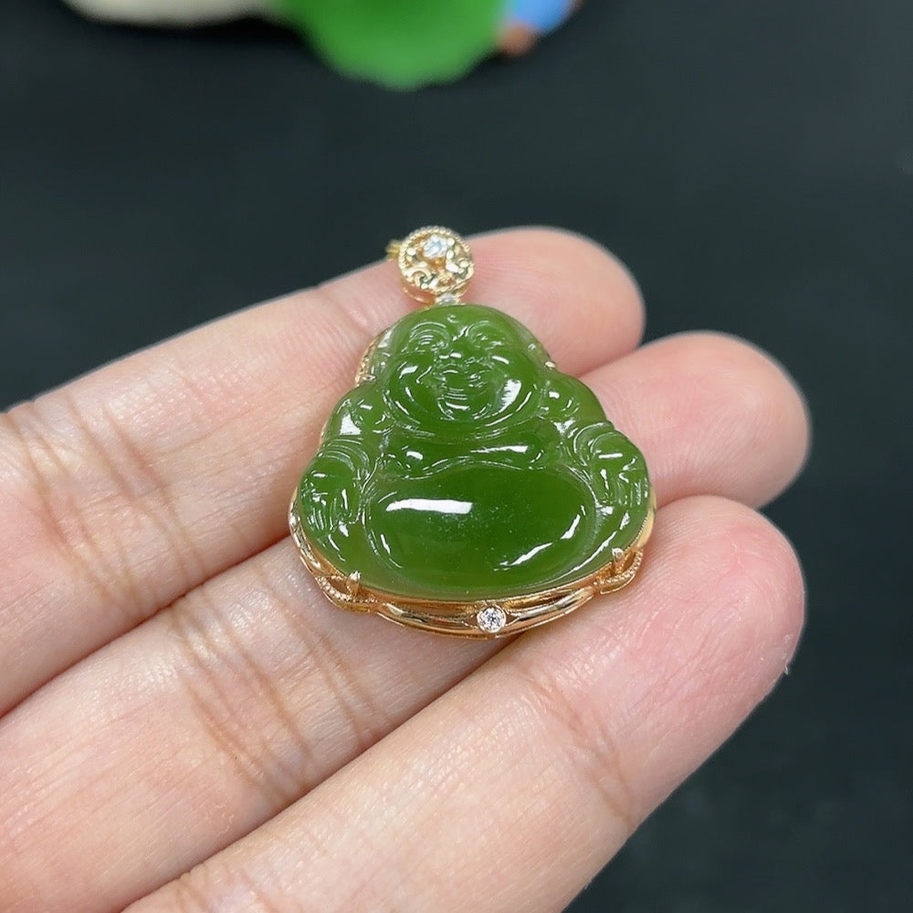 Hetian jade Buddha pendant necklace with 18K gold setting, featuring a smooth jade Buddha carved pendant.