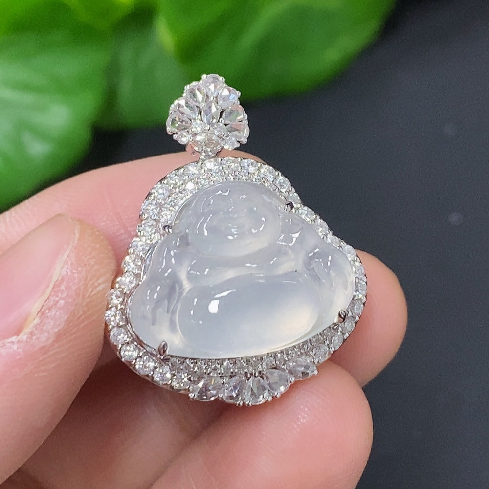 Jadeite Buddha Pendant with 18K Gold Setting, Total Weight Approx. 7.7g (Accented with Diamonds)