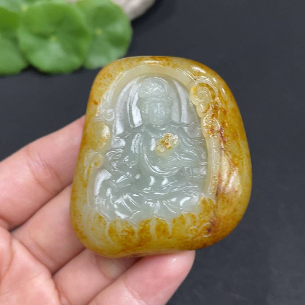 Huiliu certified Hetian jade Guanyin pendant, intricate carved jade jewelry with detailed figure, perfect for spiritual adornment.