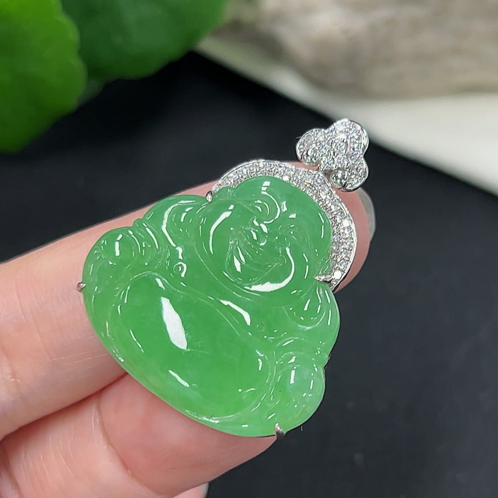 Jadeite Buddha Pendant Set in 18K Gold (with Diamond Accents)