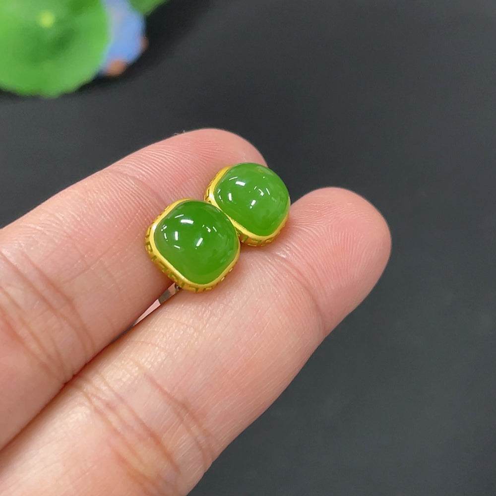 Huiliu Certified Hetian Jade Jasper Inlaid Earrings featuring green and brown jade stones with intricate inlay design.