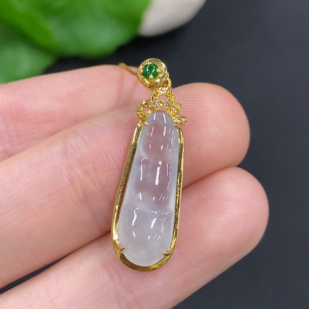 Jadeite Auspicious Bean Pendant Set in, . (Including Chain), Accented with Diamonds | Huiliu Certified