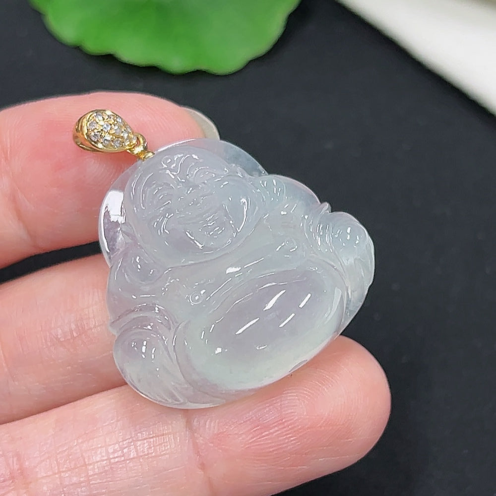 Jadeite Buddha pendant with 18K gold and diamond accents, weighing approximately 11.7g, featuring detailed Buddha carving.