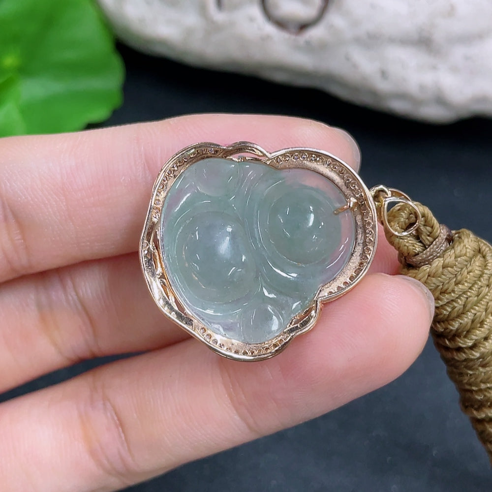 Jadeite Pendant Buddha with 18K Gold and Diamond Accents, Including Rope