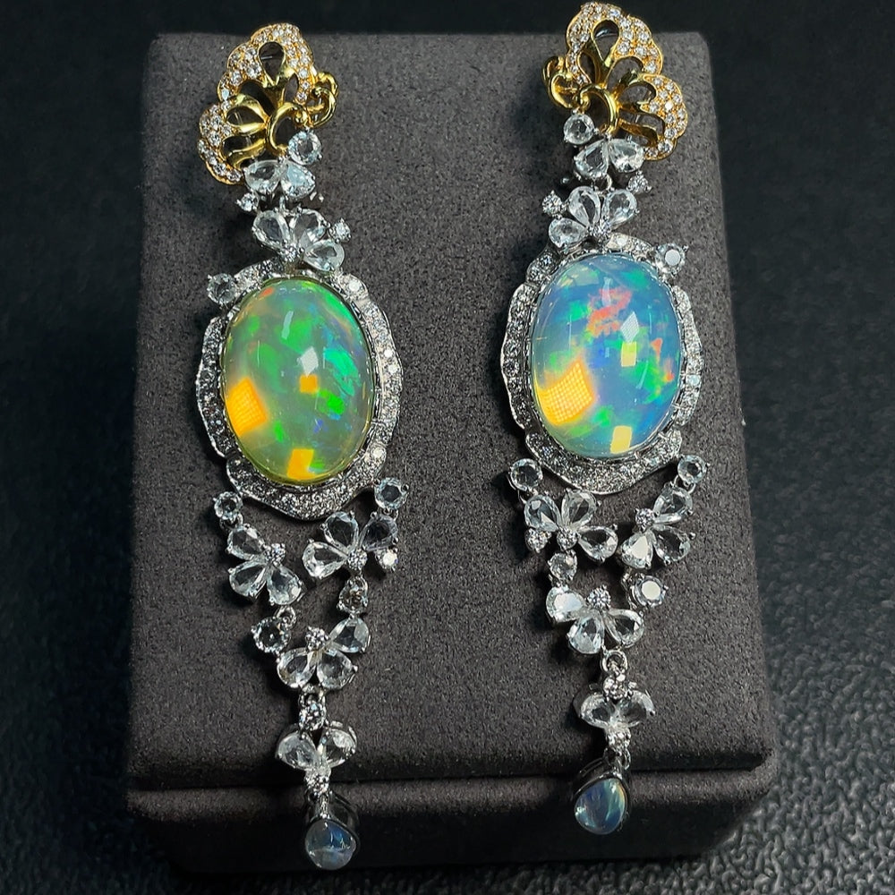 18K Opal Earrings, Color Origin Undetermined, Accent Stones Possibly Non-Natural, Diamond Accents Only Minimal Side Stones, Total Weight Approx. 27.88g