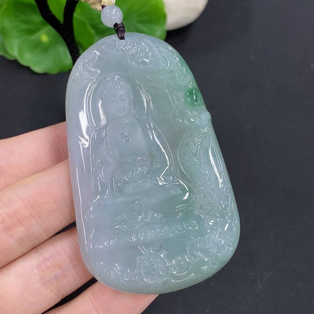 Jadeite Amitabha pendant from HUILIU HQ featuring a smooth, polished jade carved Buddha figure on a cord necklace.