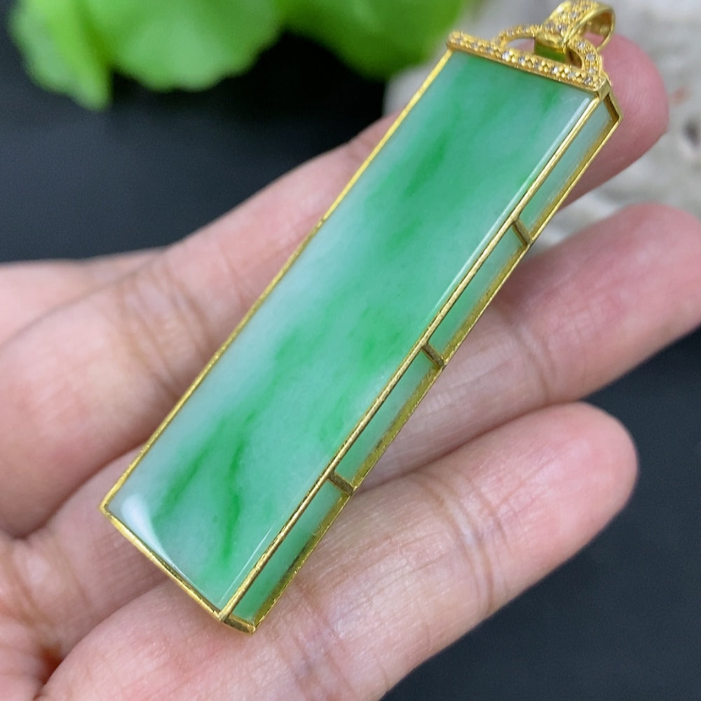 Jadeite pendant necklace with 18k gold setting and diamond accents, HKHQ jewelry, weight approximately 10g, elegant and polished design