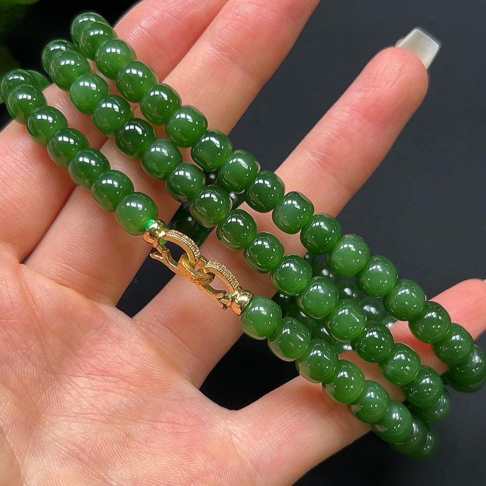 HKHQ Hetian Jade bead necklace featuring 7.2mm smooth, non-gold jade beads on a elegant jewelry necklace.