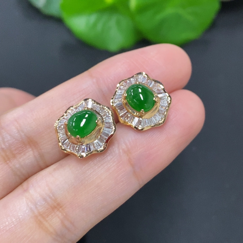 Jadeite Cabochon Stud Earrings 18K Gold (Accented with Diamonds)