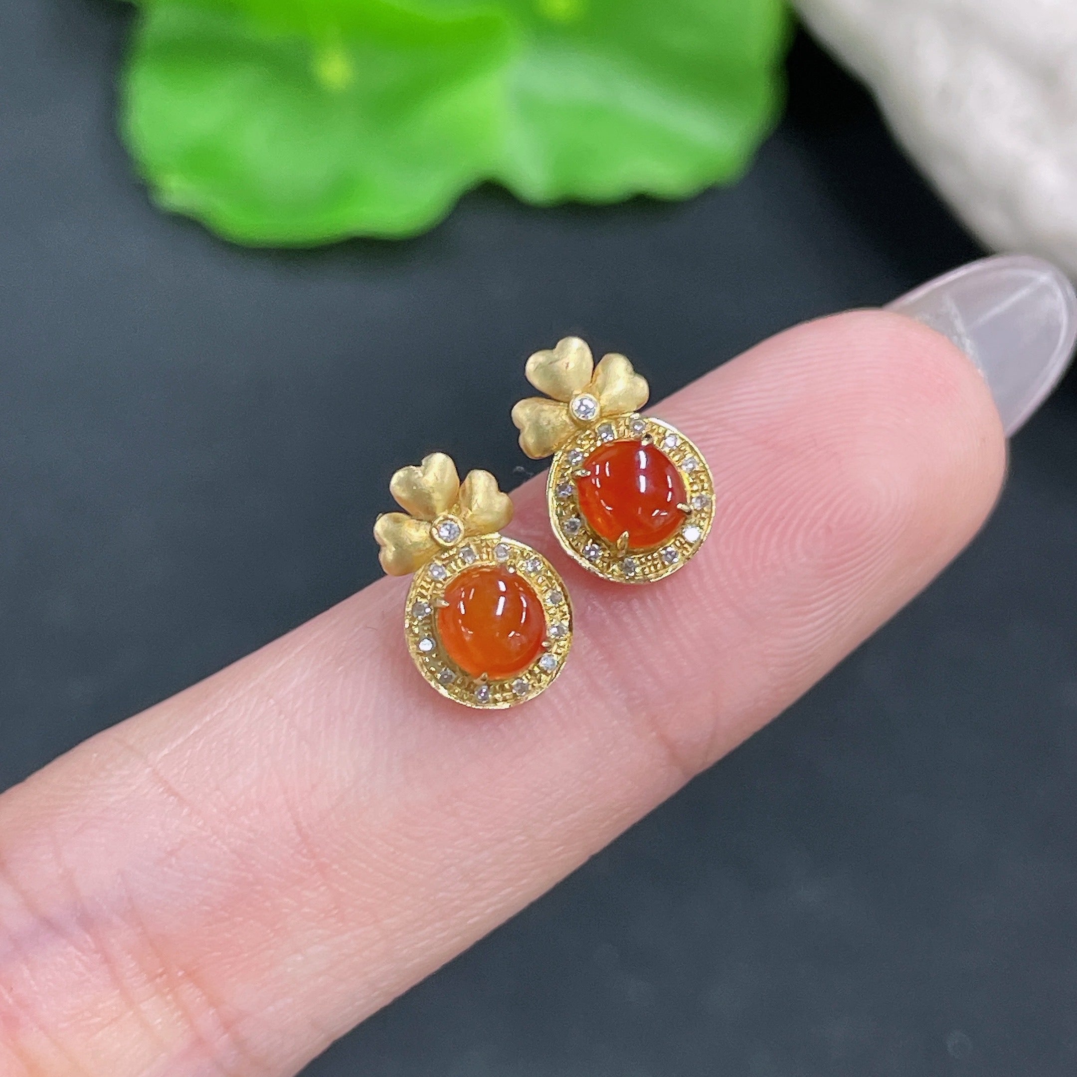 Jadeite Cabochon Earrings with 18K Gold and Diamond Accents, Total Weight Approx. 1.37g (Excluding Ear Studs)