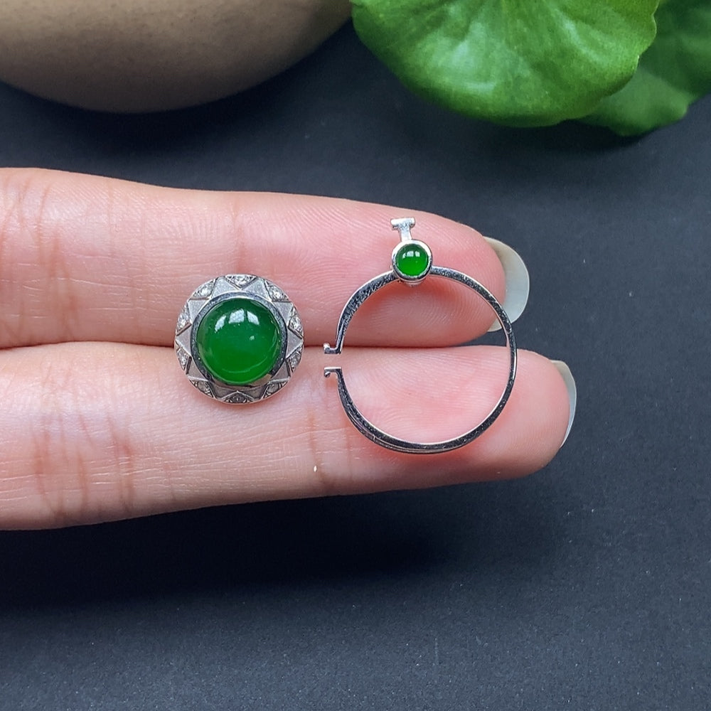 HKHQ jadeite jewelry set with two cabochon jadeite stones, diamonds, and 18K gold craftsmanship, elegant and luxurious.