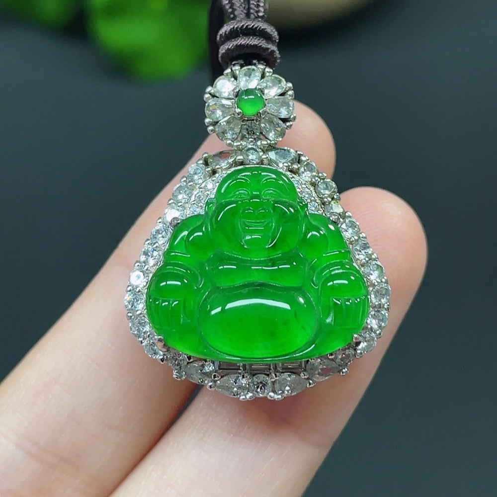 Jadeite Buddha pendant necklace with non-gold setting, featuring a detailed jadeite Buddha figure on a simple chain.
