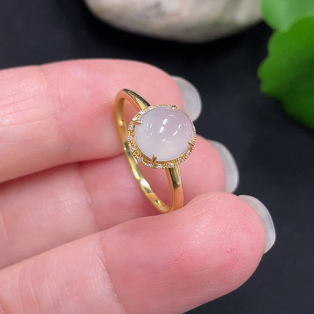 Jadeite Cabochon Ring with 18K Gold Size 14 Total Weight Approx. 1.2g (Accented with Diamonds)