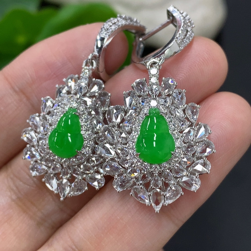 Jadeite Gourd Inlaid Earrings 18K Gold Total Weight Approx. 12.1g (with Diamond Accents)