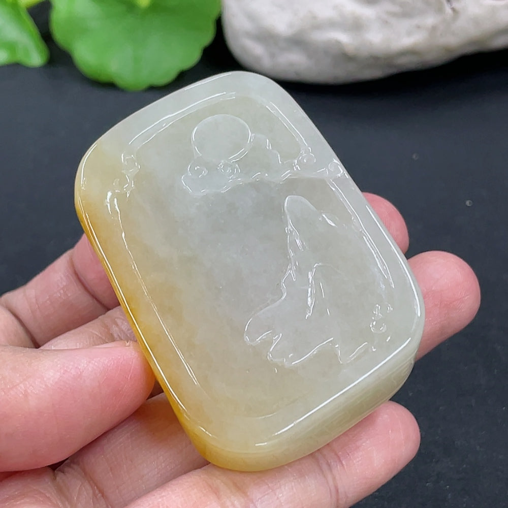 Jadeite Guanyin pendant in green jade with intricate carved details, weighing approximately 64.7g, from HKHQ.