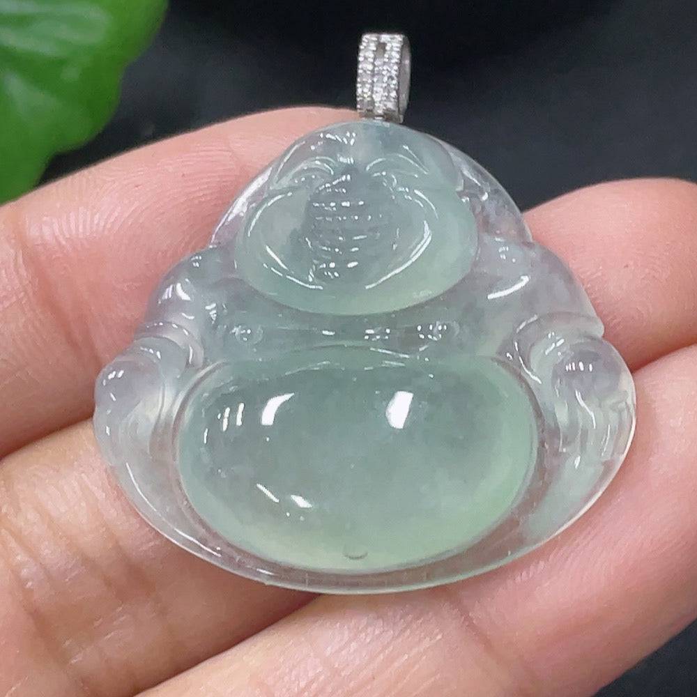 Jadeite Buddha pendant with 18K gold accents and diamond details, crafted by HUILIU HQ, weighing approximately 6.53 grams.