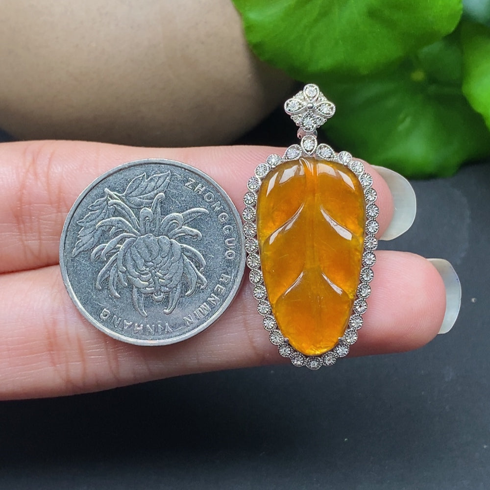 Jadeite Inlaid Pendant Leaf with Diamond Accents 18k Color Origin Undetermined Total Weight Approx. 4g