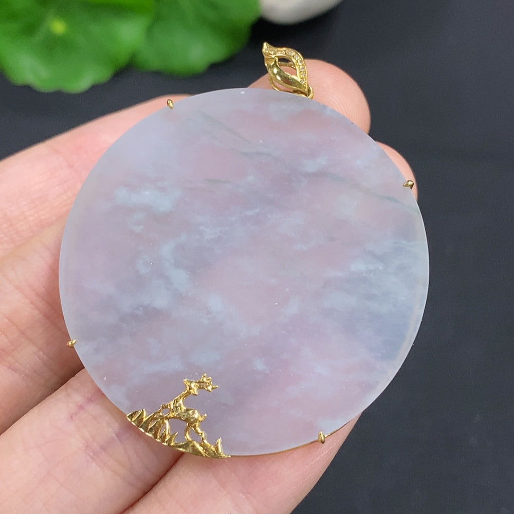 Jadeite plain pendant with diamond accents on 18K gold chain, elegant necklace by HKHQ featuring a smooth jadeite stone.