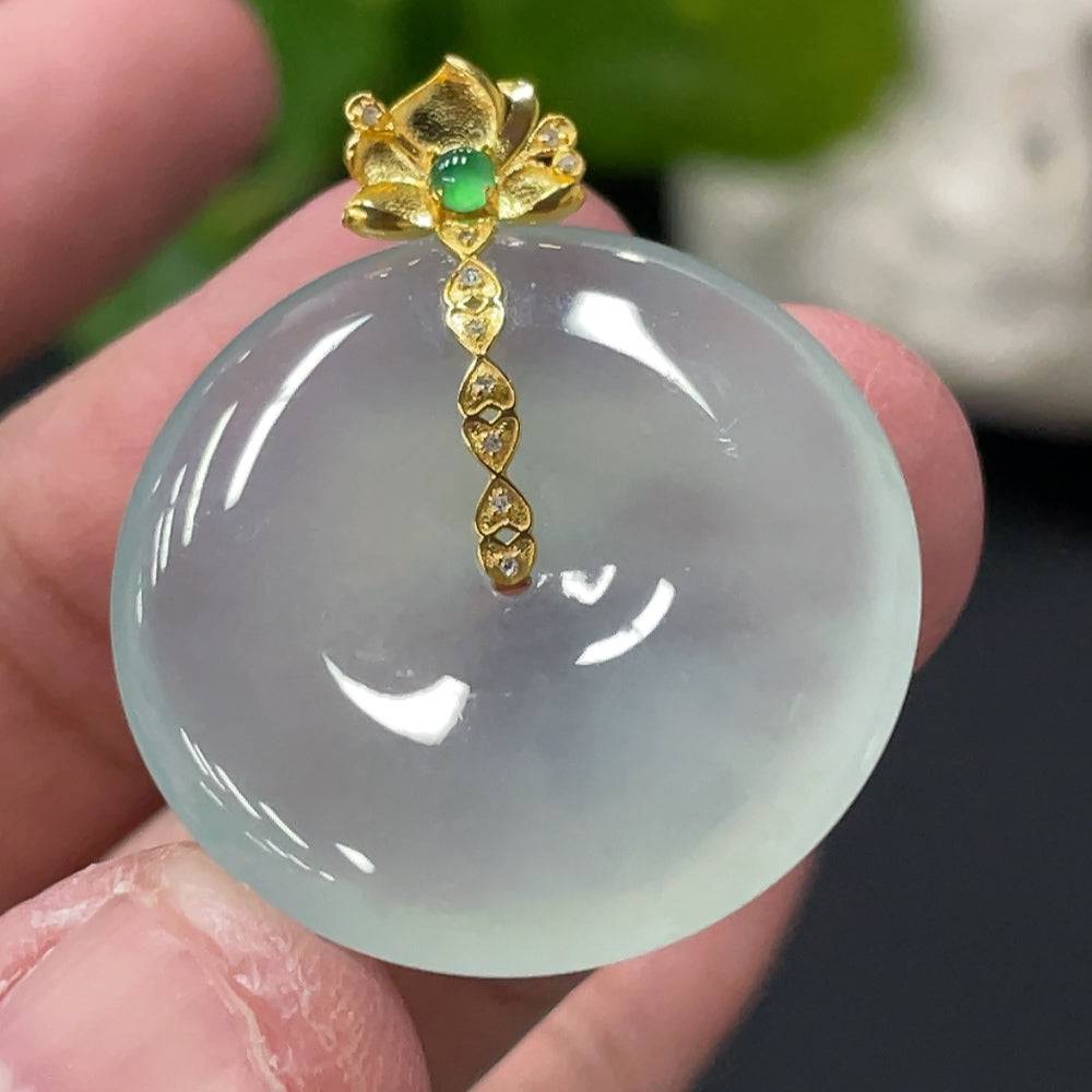 Jadeite safety pendant with diamond accents, 18K gold bail, weighing approximately 6.87g, from HUILIU HQ.